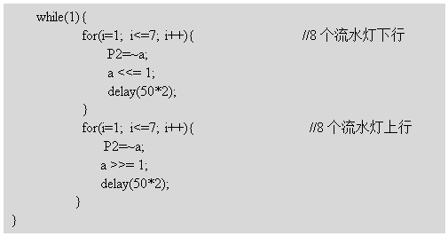 ı: 	while(1){
		   for(i=1; i<=7; i++){               //8ˮ
	          P2=~a;
			   a <<= 1;
			   delay(50*2);
		   }
		   for(i=1; i<=7; i++){                //8ˮ          
		      P2=~a;
			  a >>= 1;
			  delay(50*2);
		  }
}
