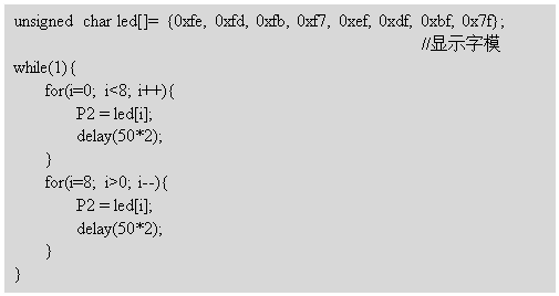 ı: unsigned char led[]= {0xfe, 0xfd, 0xfb, 0xf7, 0xef, 0xdf, 0xbf, 0x7f};                   //ʾģ
while(1){
		for(i=0; i<8; i++){
			P2 = led[i];
			delay(50*2);
		}
		for(i=8; i>0; i--){
			P2 = led[i];
			delay(50*2);
		}
}

