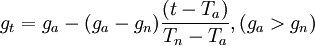 g_t=g_a-(g_a-g_n)\frac{(t-T_a)}{T_n-T_a},(g_a>g_n)